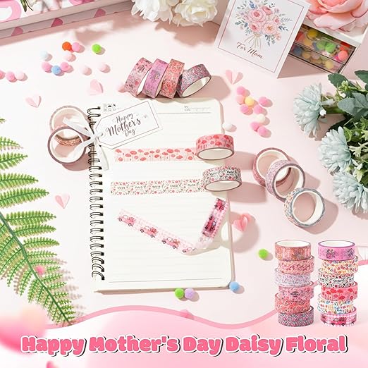 Mother's Day Washi Tape - 12 Rolls Daisy Floral Bouquet Vintage Truck Love Mom Message Designs Acid Free Repositionable Adhesive for Scrapbook Gift Wrapping Card Making Journal Supplies