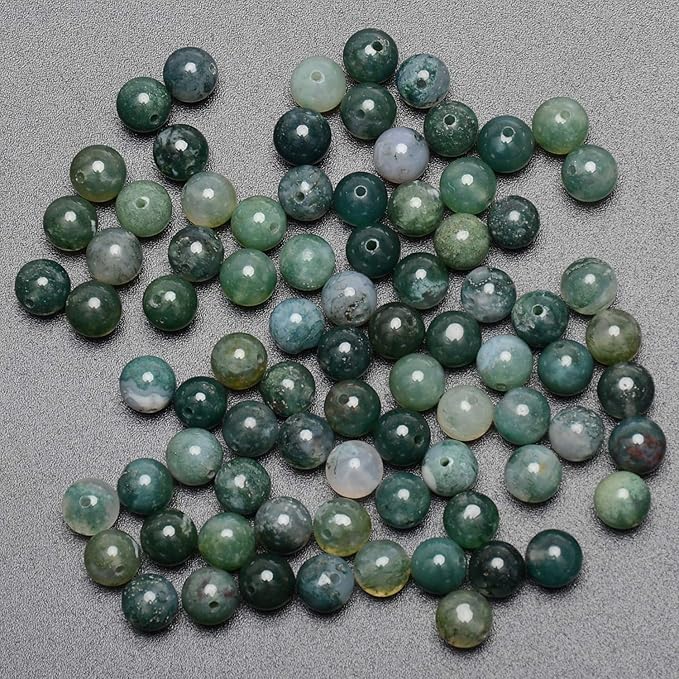LPBeads 200Pcs Polished 6mm Round Natural Moss Agate Gemstone Loose Beads with Stretch Cord for Jewelry Making Bracelets