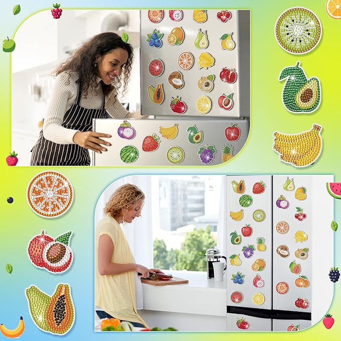 30 Pcs Diamond Art Painting Magnets Fruit Fridge Magnetic Diamond Art Painting Kits Fridge Sticker Magnet DIY Craft for Adult Beginner Toy Xmas Home Office Decors