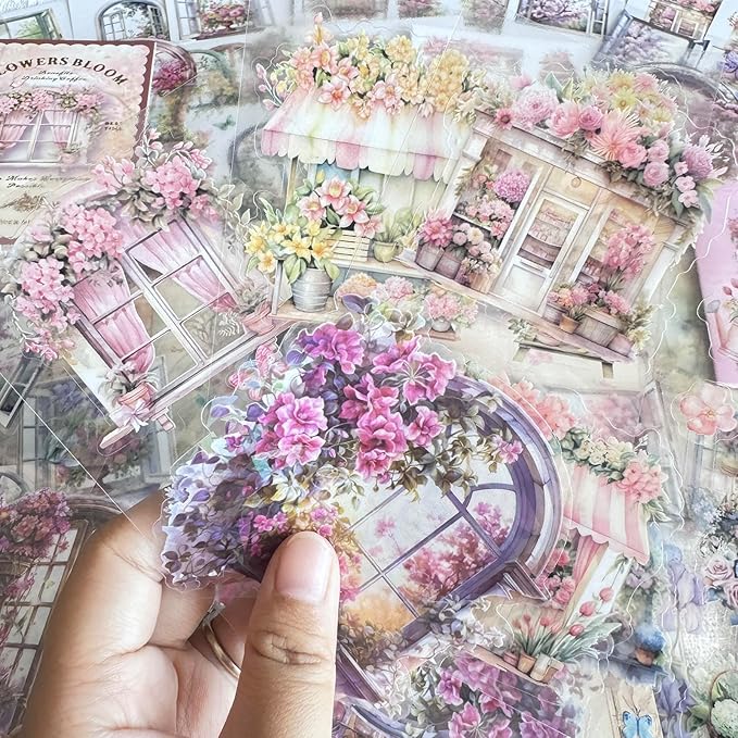 64 Sheets Vintage Floral Scrapbooking Kit, Precut Floral Natural Garden Flowers Butterfly Transparent PET and Washi Stickers with Scrap book Paper for Scrapbook Supplies Junk Journals Craft (Flower)