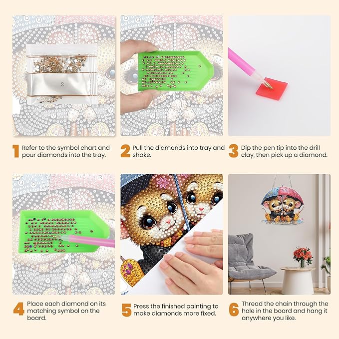MXJSUA Mice Diamond Art Hanging Kits for Adults Beginners, DIY Acrylic Special Shaped Crystal Diamond Gem Drills Pendant Art Painting Ornament for Home Wall Decor Gift 8x8 inch