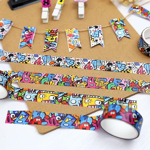 12 Rolls Washi Tape Set,6 Design Colorful Graffiti Decorative Tape Street Art Doodle Masking Tape for Journaling Supplies, Junk Journal, Scrapbooking, DIY Arts & Crafts, Planner, Gift Wrapping