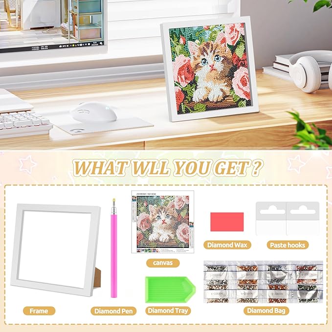 SENQAO Cat Diamond Art Kit for Adults with Frame Art and Crafts for Adults Ages 4-6-8-12 Easy to DIY Diamond Art for Adults and Adult Beginners Home Wall Decoration 7.1x7.1inch (Cat and Flower)