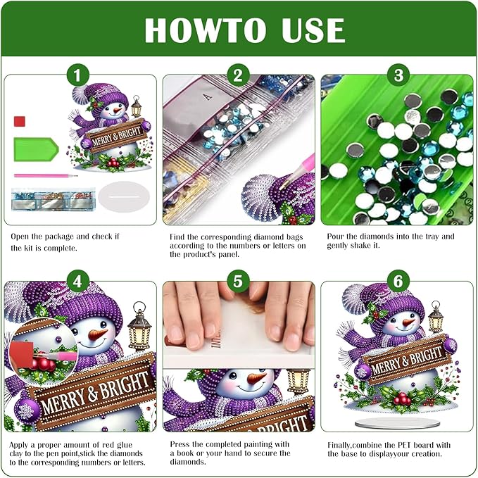 LAKEQUILL Christmas Diamond Painting Kits, Tabletop Ornament, Stand Up Diamond Art Desktop Kits for Home Office Decor, New Year Gift - Snowman (Purple)