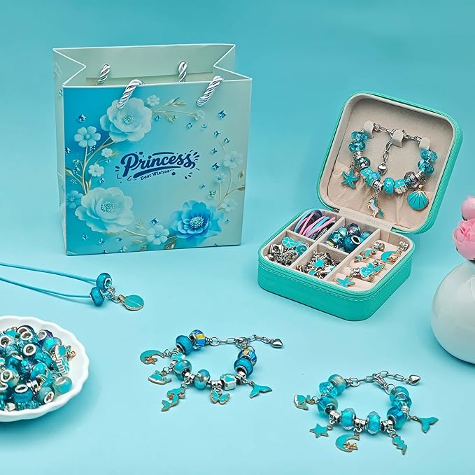ONADEBY Charm Bracelet Making Kit - Blue DIY Jewelry Making Kit for Girls, Friendship Bracelet Kit with Portable Box Bag Packing for Birthday Christmas New Years Easter Valentine Craft Gifts
