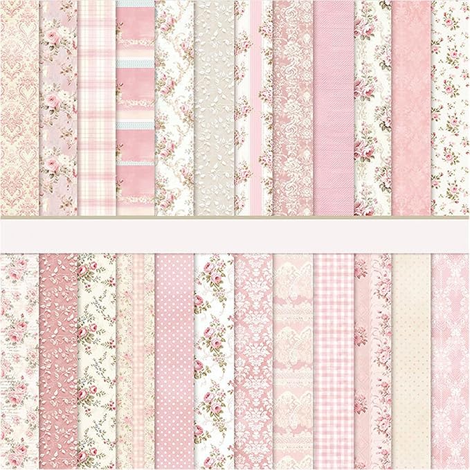Floral Scrapbook Paper, Vintage Floral Garden Craft Sheets, 24 Pages/24 Unique Designs Double-Sided Origami Art Supplies, Pink Scrapbook Materials for DIY Cards, Journals, Album Decor, 12"x12" Inch