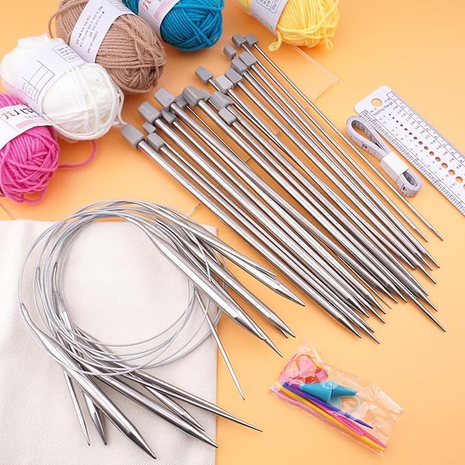 Weabetfu Knitting Needles Set,22Pcs 10inch Knitting Needles Set and 8Pcs 32inch Circular Knitting Needle Set Include Yarn with Canvas Bag,Knitting Kits for Beginners & Knitters