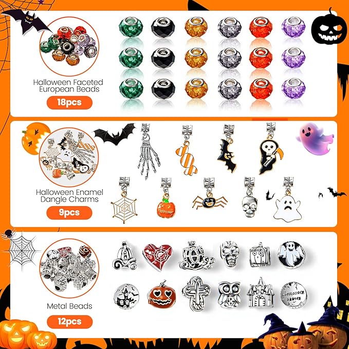 Taybonds Halloween Charm Bracelet Making Kit for Party, DIY Jewelry and Necklace Making Set with Beads, Pendants and Chains, Skull, Ghost and Candy Charms, Creative Gifts