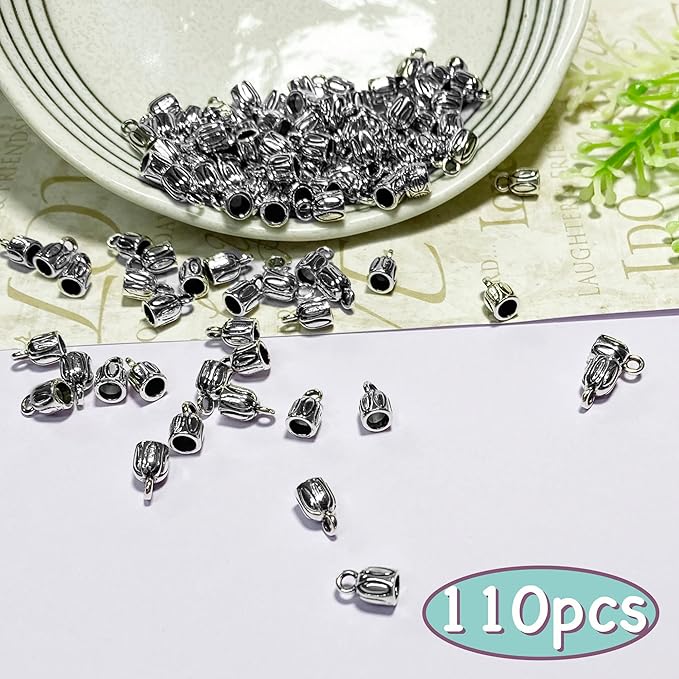Barrel End Caps 110 pcs Antique Silver 3mm Leather Cord End Cap for Jewelry Making Small End Cap with Loop Finding Kit for Leather Tassels Bracelet DIY Craft Making Supplies