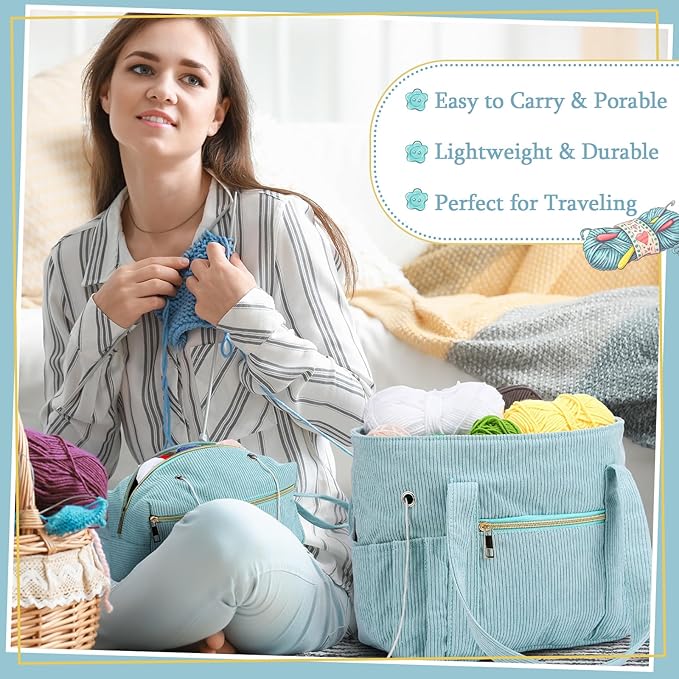 Bulyoou 2 Pcs Crochet Bag and Tote Set Corduroy Yarn Bag Crochet Tote Bag for Crochet Hooks Organizer Yarn Holder for Crochet Lovers Knitting Bag Crochet Accessories(Blue)