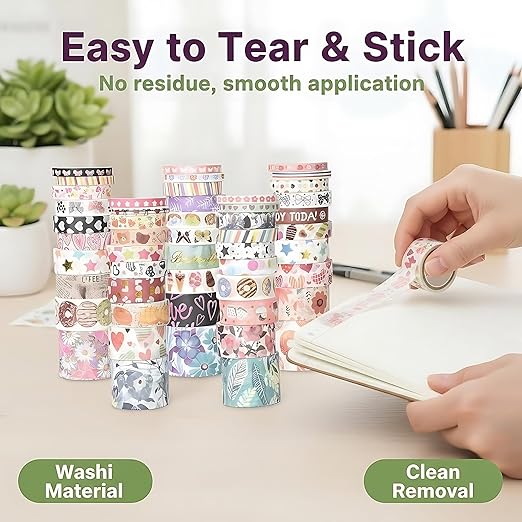 50 Rolls Washi Tape Set, Assorted Sizes, for Junk Journal Scrapbook, Bullet Journaling Scrapbooking Supplies, Planner Sticker DIY Craft Decor (Serene Basics)