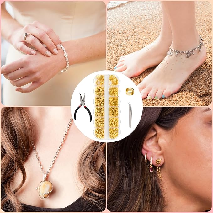 1200 Pcs Jump Rings, Jewelry Making Kit with Open/Close Tools, Pliers, Tweezers, Lobster Clasps, DIY Necklace Repair and Keychain Supplies (Gold)