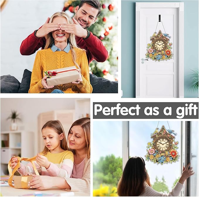 Bimkole Clock Diamond Art Hanging Kit for Adult, DIY 5D Diamond Art Flowers Window Pendant, Acrylic Crystal Art Hanging Ornament Home Wall Garden Front Door Sign Outdoor Decor 7.8x7.8 Inch