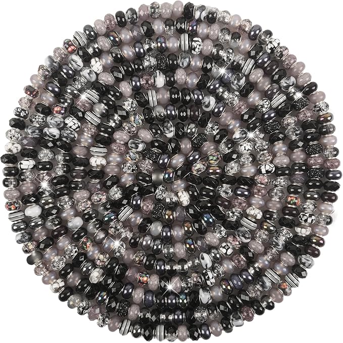 Large Hole Beads Black European Beads for Pens 100 Pieces Assorted Large Hole Fairy Wand Garden Beads Lampwork Craft Spacer Beads for DIY Charms Bracelets Necklace Decoration Jewelry Making Supplies