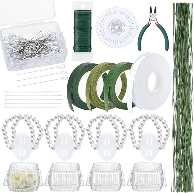 Hoemwarm Wrist Corsage Making Kit Floral Arrangement Supplies DIY Boutonniere Bouquet Craft Set Includes Floral Tape Wire Cutters Pearl Bands Plastic Boxes Ribbon Pins