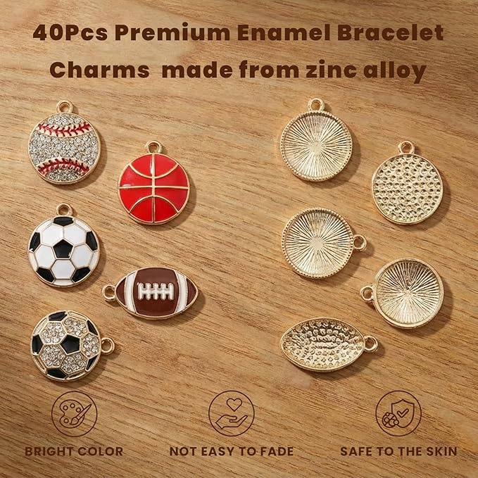 Sports Charms for Jewelry Making, Enamel Rhinestone Ball Game Football Soccer Charms with 40Pcs Jump Rings Pendants for Bracelet Necklace Earrings Making DIY Crafts Adults Gifts