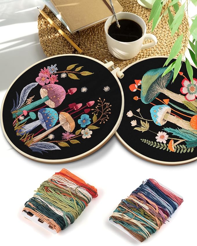 TINDTOP 2 Pack Embroidery Kit for Adult Beginners, Embroidery DIY Starter Kit, with Mushroom Stamped Patterns, Hoop, Tools, Colorful Threads with Needles, Instructions