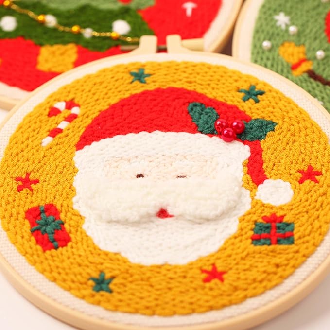 harimau 3pcs beginner embroidery kit,christmas pattern,punch needle kits, including stamped embroidery cloth with 3 embroidery hoops, multicolor color threads for embroidery kit