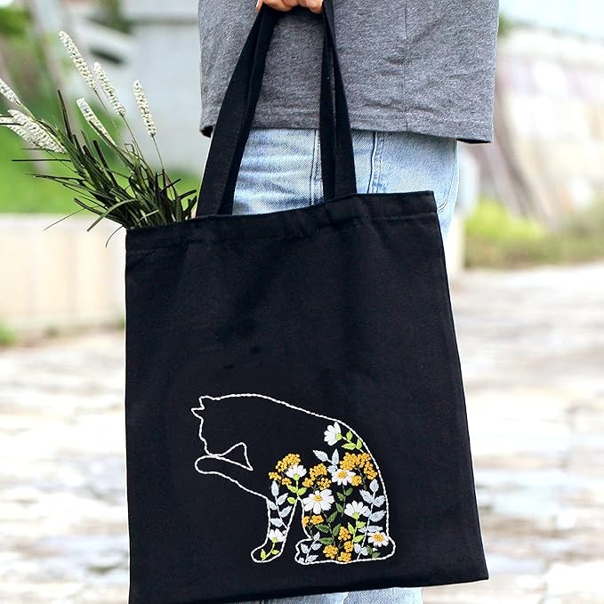 harimau beginner canvas tote bag embroidery kit,black kitten pattern,cross stitch kits, including stamped embroidery bag with 1 embroidery hoops,needle, instructionmanual and color threads