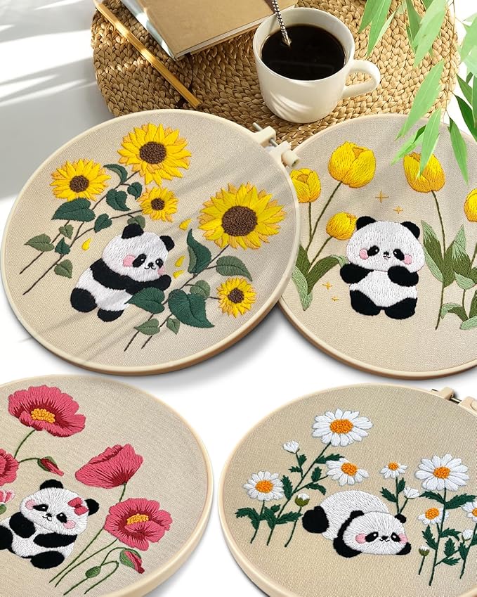 TINDTOP 4 Sets Embroidery Kit for Adult, Panda Embroidery Practice Kits for Beginners Include Embroidery Cloth Hoops Threads for Craft Lover Hand Stitch with Embroidery Skill Techniques
