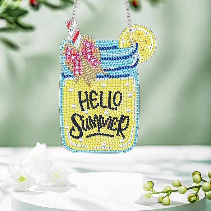 AiYuanzsh Hello Summer Diamond Painting Hanging Kit, DIY 5D Jar Lemon Drink Sign Ornament, Diamond Art Hanging for Adults, Door or Wall Summer and Holiday Decoration, Handmade Crystal Art Gift