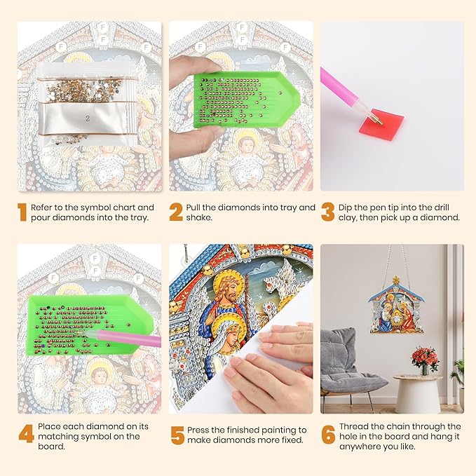 MXJSUA Diamond Art Hanging Kits for Adults Beginners, DIY Acrylic 5D Special Shaped Crystal Diamond Gem Art Painting Hanging Ornament for Home Wall Decor and Gift (Nativity Holy Family)