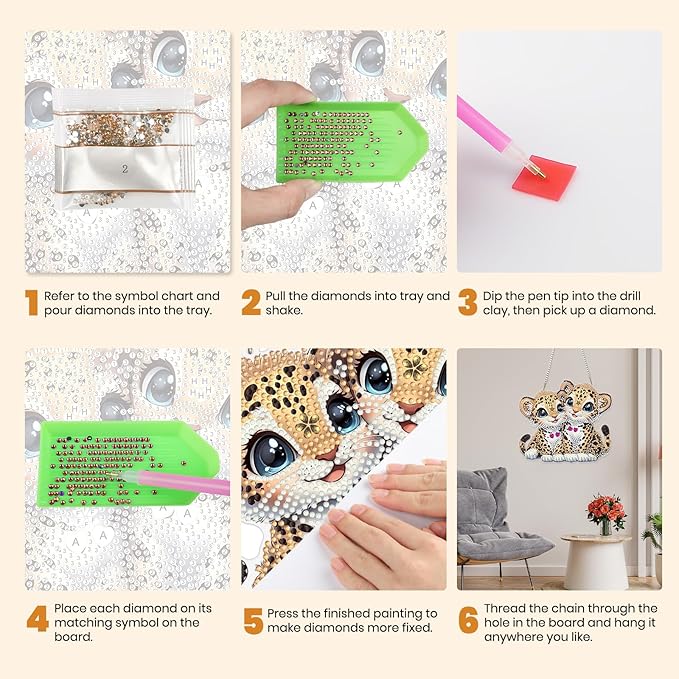 MXJSUA Two Leopard Diamond Art Hanging Kits for Adults Beginners, DIY Acrylic Special Shaped Crystal Diamond Gem Drills Pendant Art Painting Ornament for Home Wall Decor Gift 8x8 inch