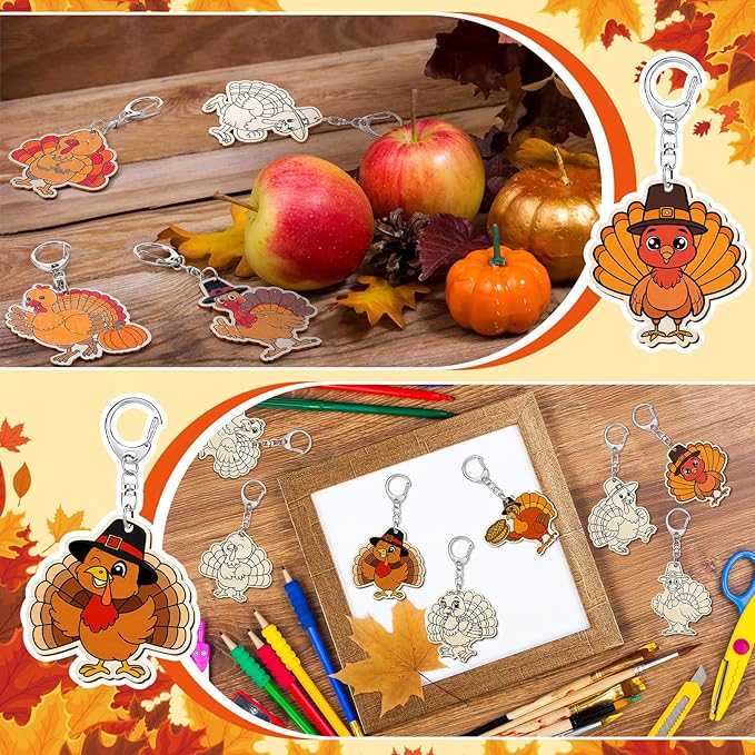 Trnayi 36 Pcs Thanksgiving Turkey Crafts Wood Color Your Own Keychains Fall Turkey DIY Coloring Gifts for Autumn Thanksgiving Party Favors Painting DIY Arts Crafts Project Decoration Family Holiday