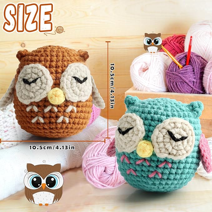 Faircosy 2PCS Beginner Crochet Kit: Amigurumi Crocheting Owls Kits, Starter Kit for Adults and Kids (10Age+) with Detailed Instructions and Tutorial, Suprise Gift for Lover, Family (Blue-Brown)