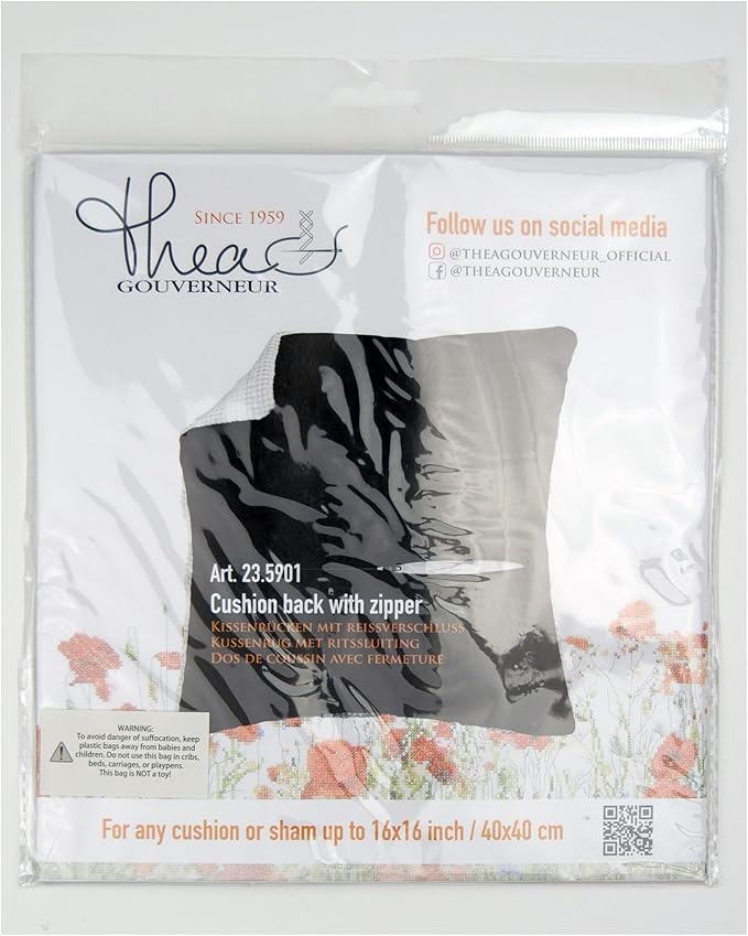 Thea Gouverneur Cushion Back Kit with Zipper - Black - for Any 16x16 Inch (40x40cm) Cushion- Cross Stitch Creations - Embroidery - Embroidery Kit for Adults - 23.5901
