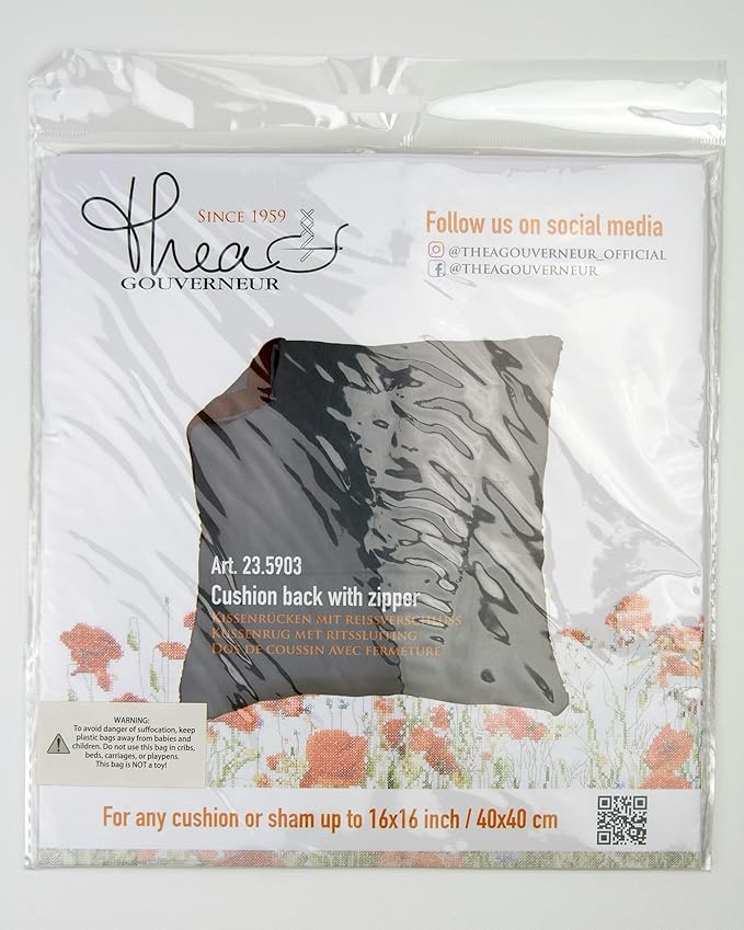 Thea Gouverneur Cushion Back Kit with Zipper - Grey - for Any 16x16 Inch (40x40cm) Cushion- Cross Stitch Creations - Embroidery - Embroidery Kit for Adults - 23.5903