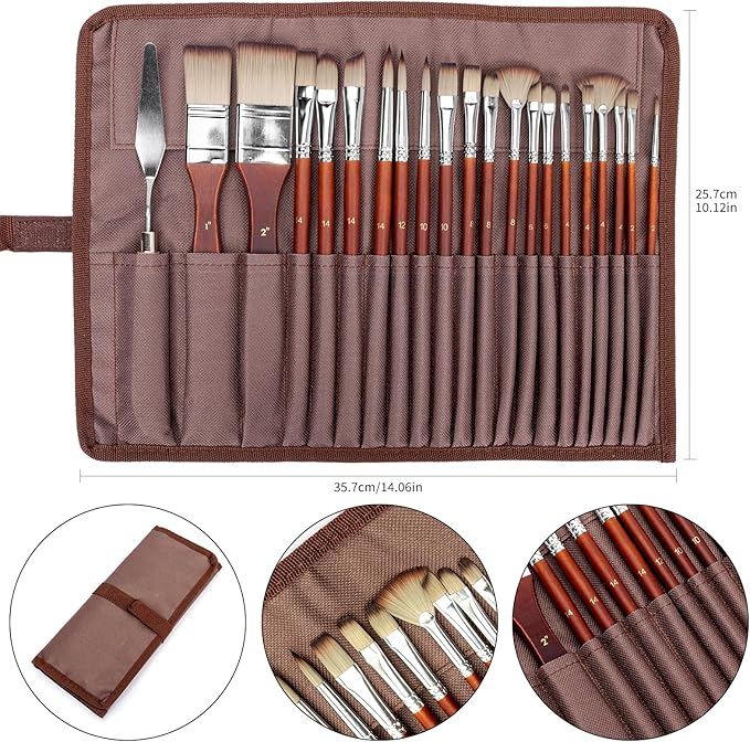 22PCS H&B Paint Brush Set, Travel Watercolor Acrylic Painting Brushes with Canvas Roll & Palette Knife, Professional Artist Brush Kit for Oil, Acrylic Canvas Paintings (Brown)