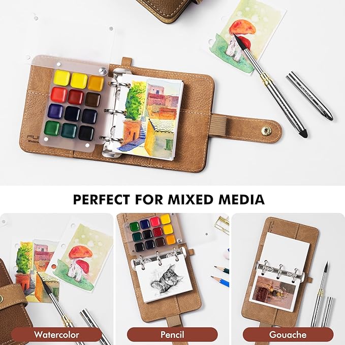Fuumuui Watercolor Sketchbook Set – Refillable 12-Color Travel Paints Kit & 100% Cotton Cold Press 20 Sheets Art Journal with Dual-Tip Travel Brush for Artists Outdoor Painting - Small