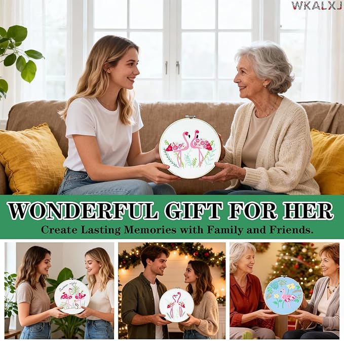 WKALXJ 4 Sets Embroidery Kits for Beginners to Advanced, Cross Stitch Kits Needlepoint Kits Crafts for Adults, Needle Point Kits with Flamingo Plant Pattern(Advanced Flamingo)