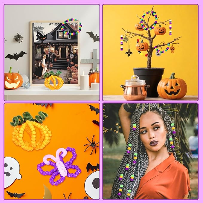Halloween Pony Beads 1000 Pcs, Plastic Beads for Bracelets Jewelry Bracelets Making, Hair Bead for Braids for Craft, Halloween Gifts for Friend(Black, Purple, Orange, Green)