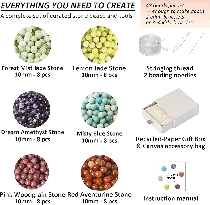 Geezon Navis Bracelet Making Kit - 10mm Natural Stone Beads - 48pcs Multicolor - DIY Jewelry Making Starter Kit Adult Men Women Birthday Gift Craft (48, Color C)