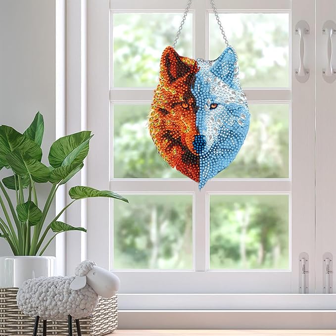 SKRYUIE Wolf Hanging Diamond Art Kits for Adults Pendant Suncatcher, Special Shaped Crystal DIY Pearl Diamond Painting Kit, Gift for Mother Spring Summer Window Wreath Decor 7.91 x 6.02 Inch A3