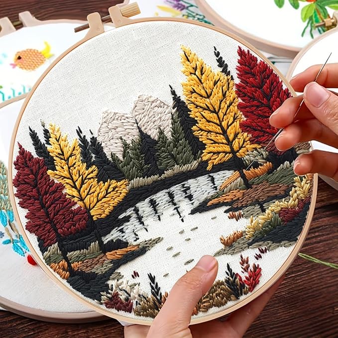 ZuoAnLF Embroidery Kit for Beginners – Complete Hand Embroidery Starter Set with Hoop, Pattern Cloth, Color Threads & Needles, DIY Embroidery Set for Relaxation, Home Décor & Unique Gifts (lakescape)