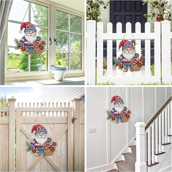Reofrey Hanging Diamond Art Kits for Adults - 8x8 Inch Christmas Gnome Acrylic Board Double Sided Pattern Diamond Art Suncatcher Pendant, Crystal Art for Home Wall Window Decoration Handmade Gift