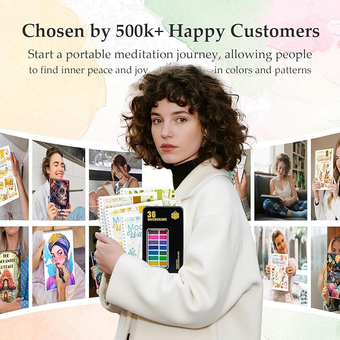 5Pcs Watercolor Workbook with 36 Paint Colors, Water Coloring Book for Adult with 60 Patterns, Beginner-Friendly Watercolor Workbooks for Beginners with 36 Paint Colors, Stress - Relieving Gift