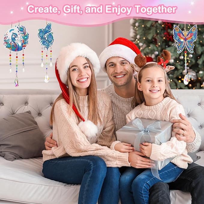 VibyTiby 3 pcs Diamond Art Kit, DIY Suncatcher Craft with Crystal Pendants for Home Garden Window Decor, Creative Gift for Craft Lovers