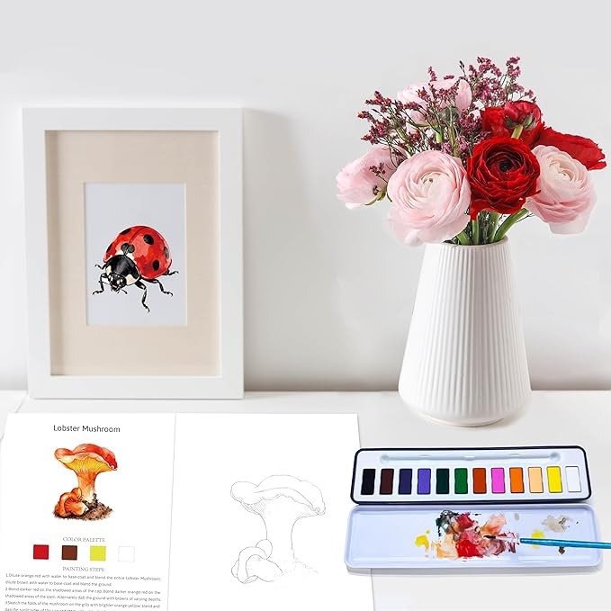 2Pcs Watercolor Workbook Creative Water Color Paint Book Set with Paints & Brush, 12 Patterns of Original DIY Designs, Beginner-Friendly Adult Coloring Books (Insect & Mushroom)