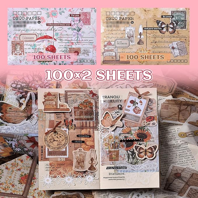 200Pcs Vintage Scrapbook Paper Sticker Kit, Nature Flowrs Scrapbooking Decals for Junk Journal Supplies Card Making Stationery Album, Collage, Planner, Gift Wrapping Craft