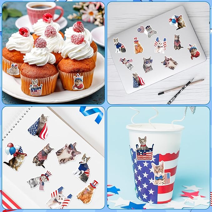 h1vojoxo 4th of july stickers - 1000pcs american patriotic cat stickers for kids vinyl flag cat sticker for independence day memorial and veterans day self-adhesive label for patriotic party decor