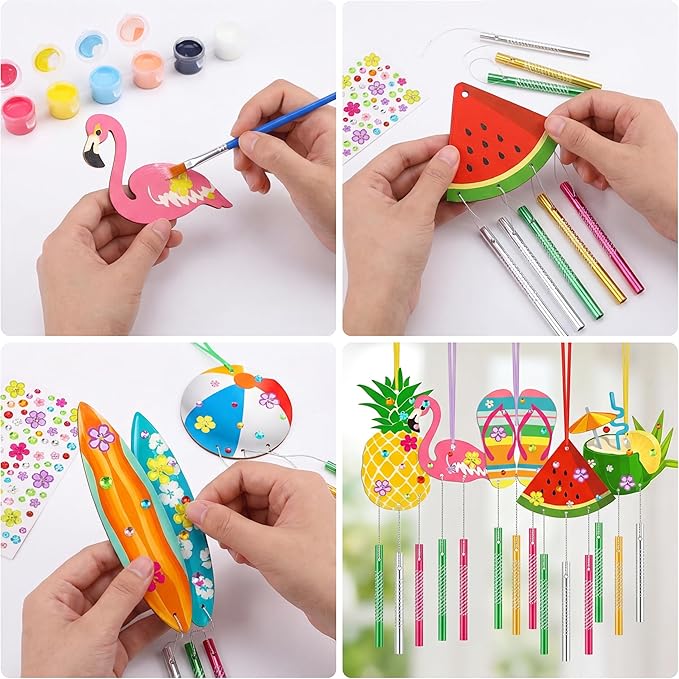 30 Pack Summer Wind Chime Making Kit for Adults Make Your Own Summer Wind Chime Beach Wooden Ornaments for DIY Crafts Activity Birthday Decoration