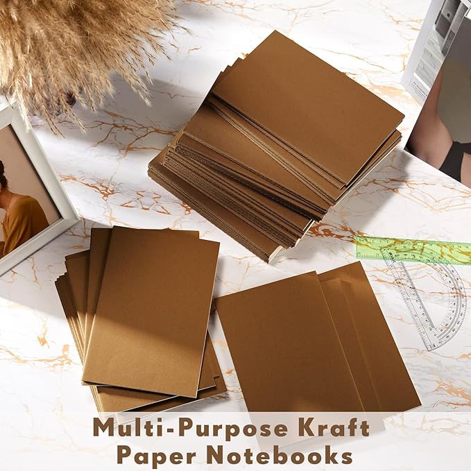 mimorou 100 pcs journals notebooks bulk - kraft softcover a5 small notebooks 5.5 inch x 8.3 inch notepads with 60 page 30 sheet for writing sketch travel office supplies(dark brown,lined)