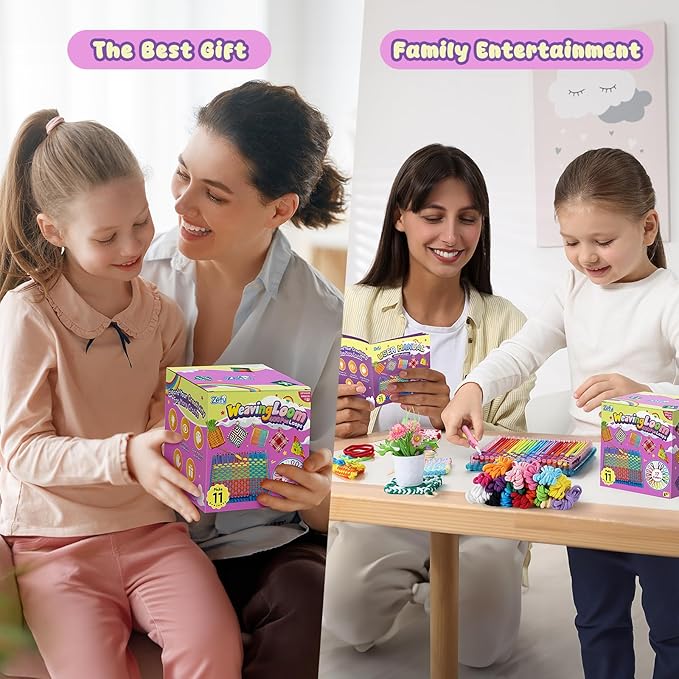 Zefy 400 Pcs Weaving Loom Kit Toys, 17 Colors Loom Loops with 11 PCs Wooden Rings, Rainbow Loops Making Potholder Loom Knitting Crafts Easter Gifts for Kids Girls Adults