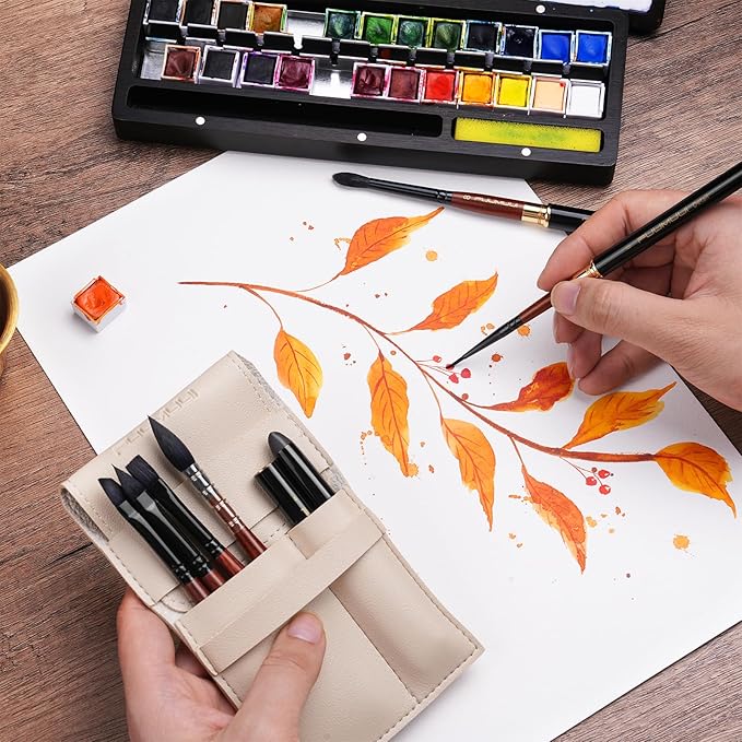 Travel Watercolor Brushes, Fuumuui Professional 6pcs Natural Soft Squirrel Hair Watercolor Travel Brush Set with Graphite Tip Pen Perfect for Watercolor Gouache Ink Painting