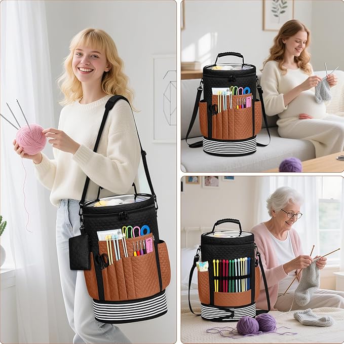 IBFUN Crochet Yarn Knitting Bag 3PCS - Expandable Yarn Storage Organizer Crocheting Bag with Accessories Cases Adjustable Strap for Hooks, Needles, Accessories, Crochet Lovers, Supplies, Beginners