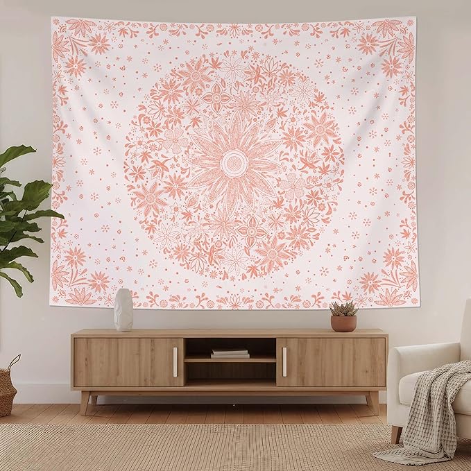 neasow bohemian tapestry wall hanging, pink floral tapestry with dotted daisy medallion print bedroom boho hippie home decor, 36x48 inches